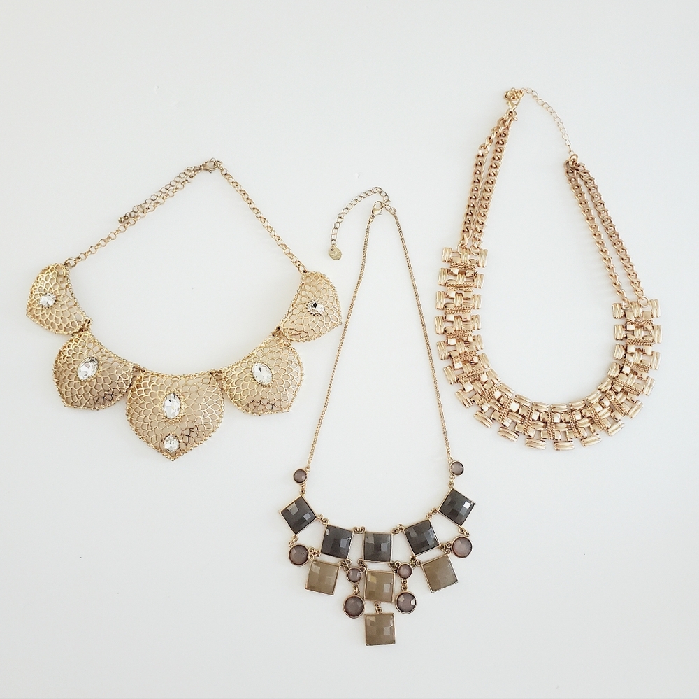 Bib Statement Necklaces Bundle Jewellery Lot Faux Stones Gold Tone Geo 3 Pcs